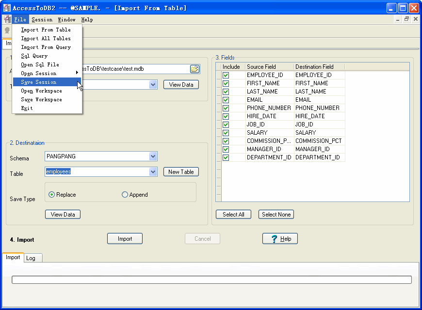 Import data from Access To DB2 - save session button