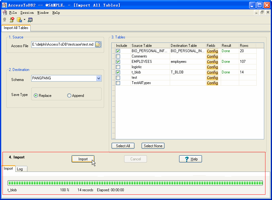 Import data from Access To DB2 - output