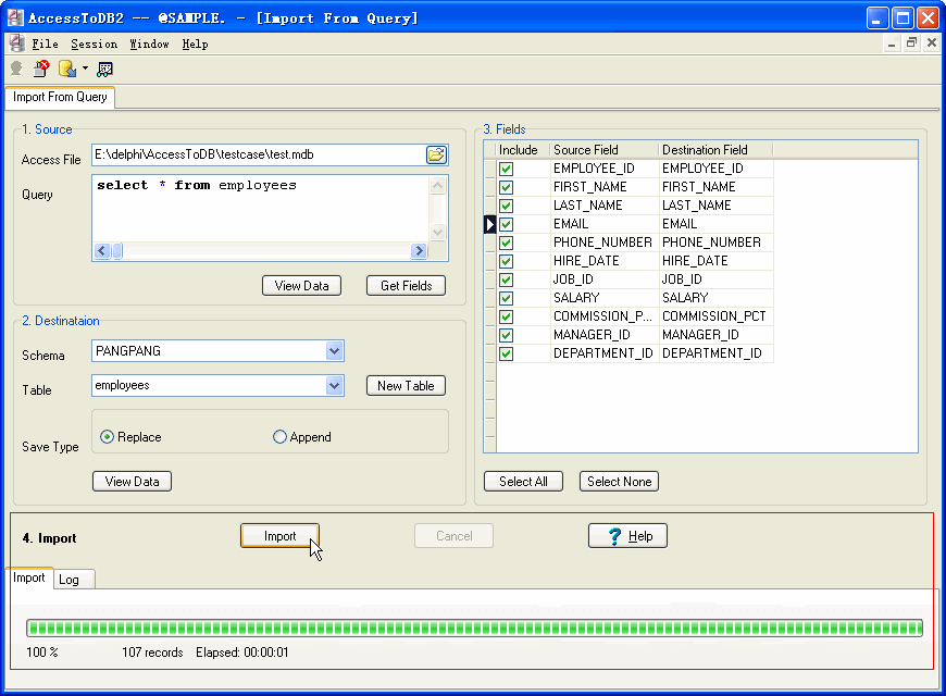 Import data from Access To DB2 - output