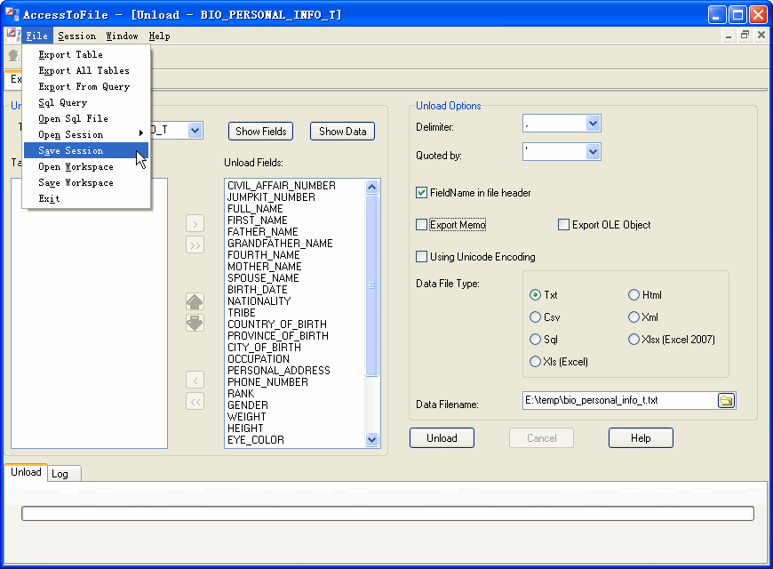 Export data from Access To Csv (Txt) - save session button
