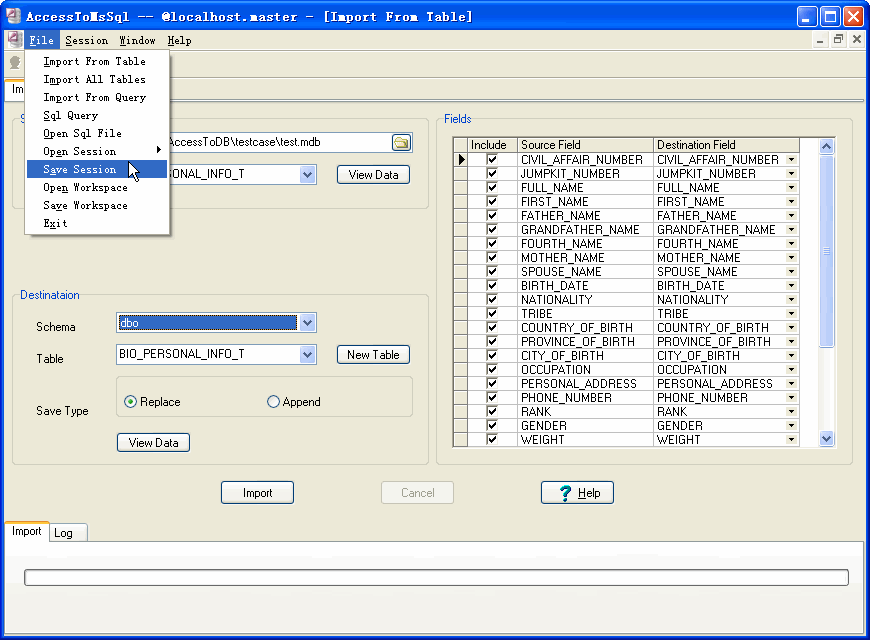 Import data from Access To Sql Server - save session button