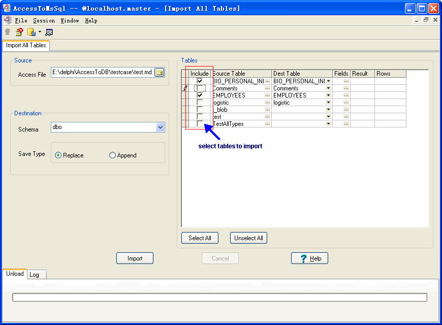 Import data from Access To MS SQL Server - config import Sql Server tables