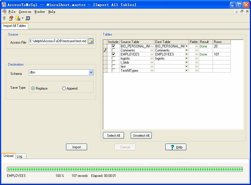 Import data from Access To MS SQL Server - import all Sql Server tables