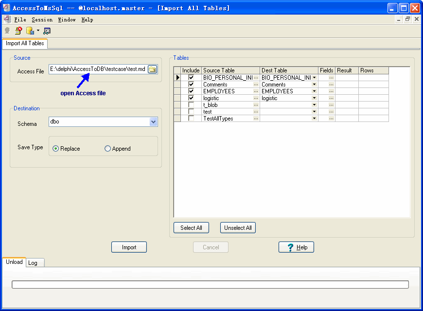 Import data from Access To MS SQL Server - select import Sql Server tables