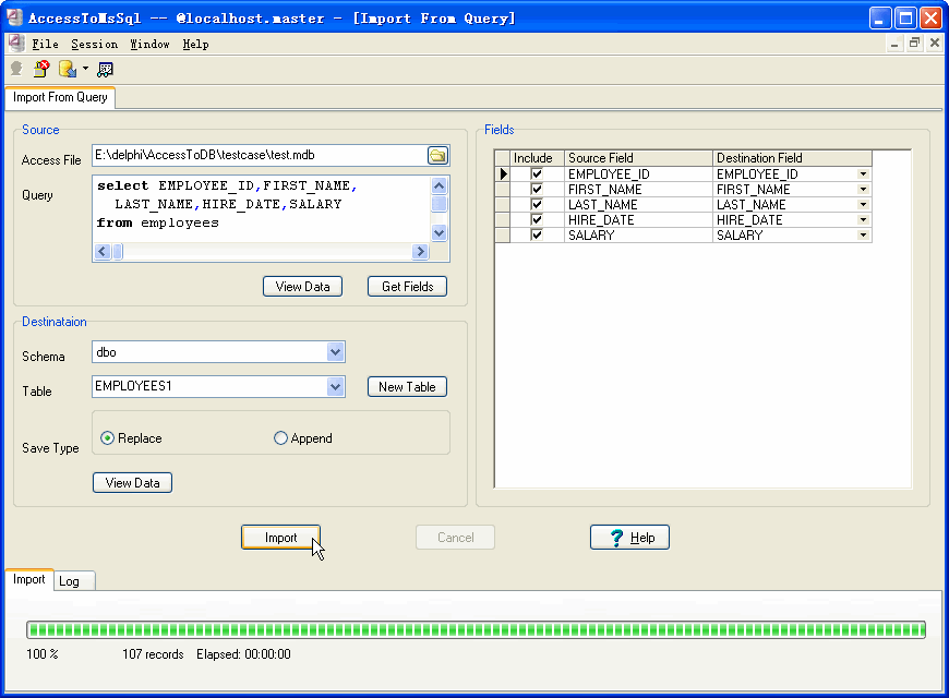 Import data from Access To MS SQL Server - import Sql Server query