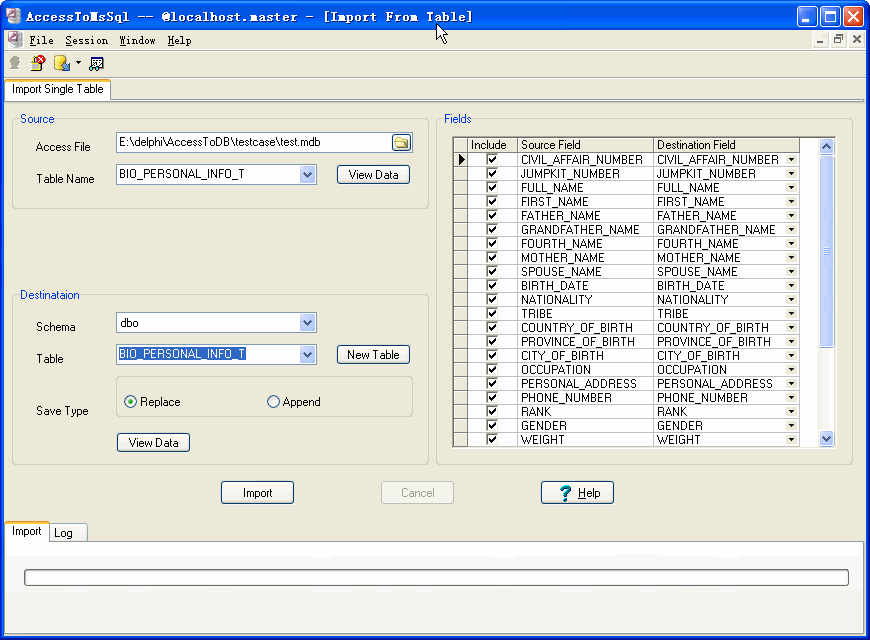 Import data from Access To MS SQL Server - import sql server table config