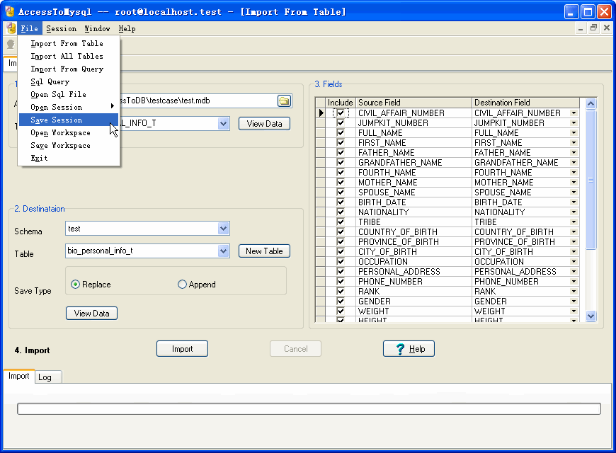 Import data from Access To Mysql - save session button