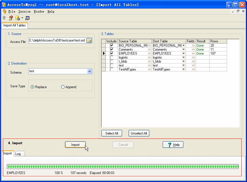 Import data from Access To Mysql - output