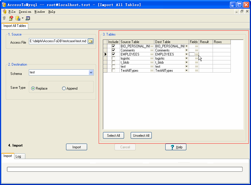 Import data from Access To Mysql - choice Mysql tables