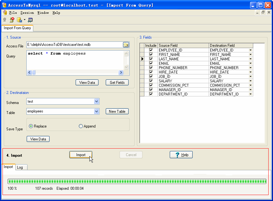 Import data from Access To Mysql - output