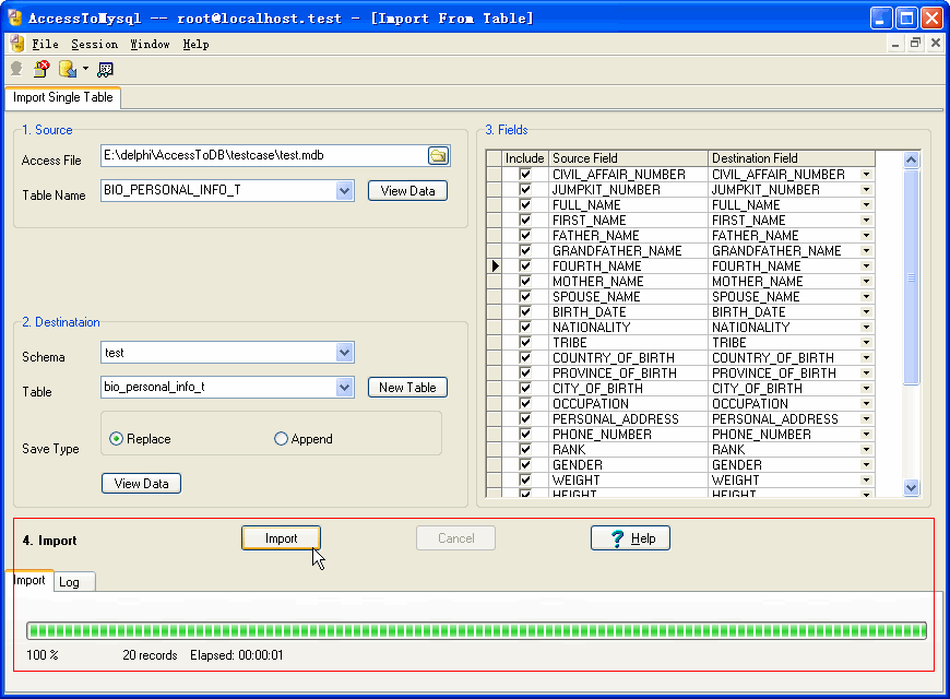 Import data from Access To Mysql - output