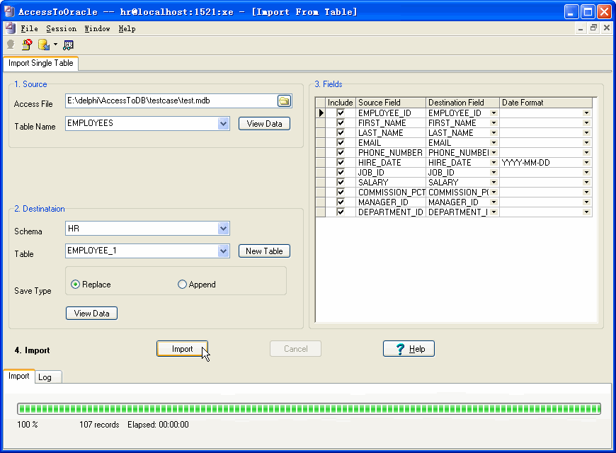 Import data from Access To Oracle - export by session
