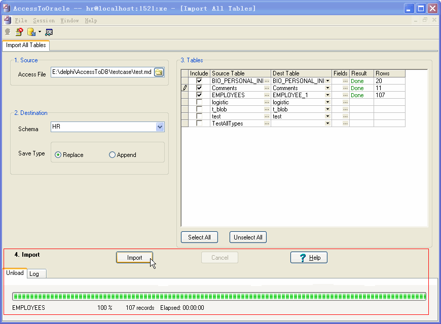 Import data from Access To Oracle - output