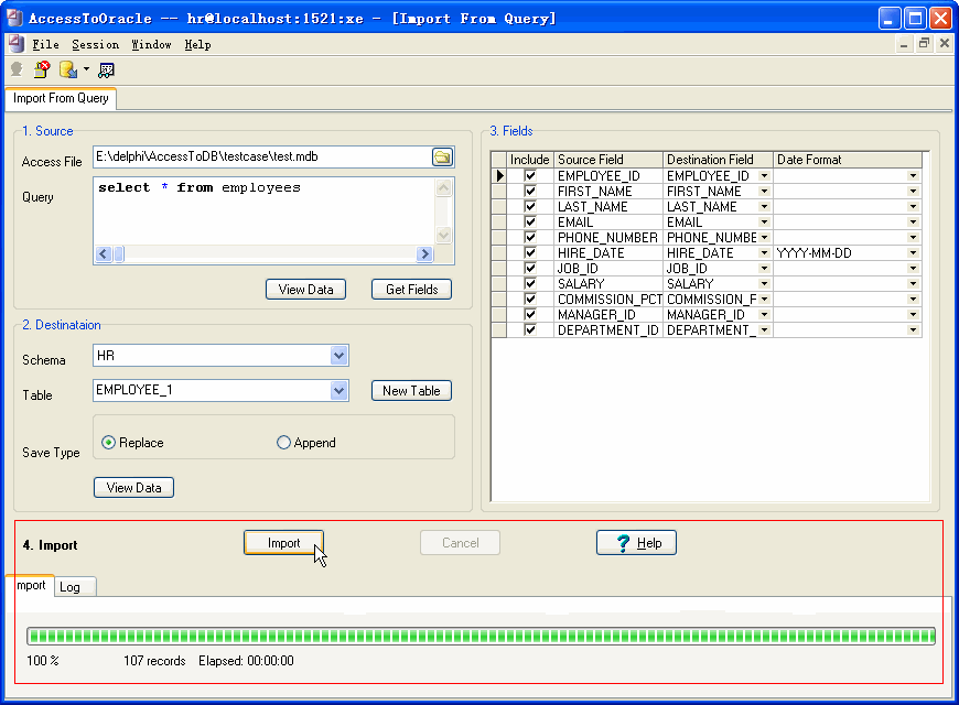 Import data from Access To Oracle - output