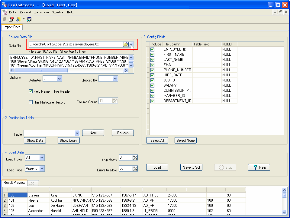 import data from Csv to Access - select csv file