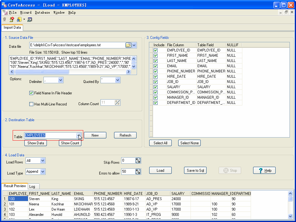 import data from Csv to Access - select Access table