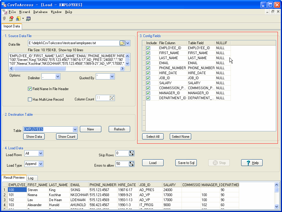 import data from Csv to Access - config load fields