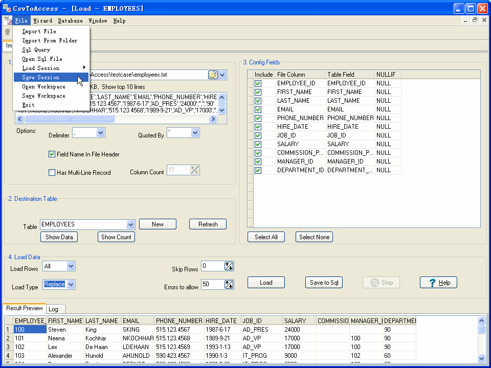 Import data from Csv to Access - save session menu