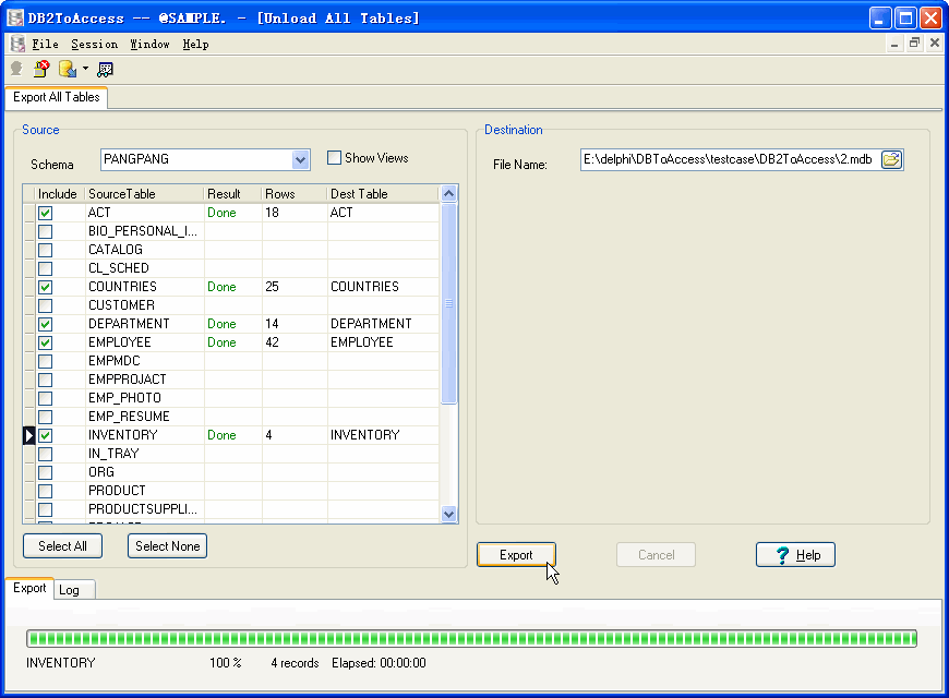 Export all tables from DB2 To Access - output