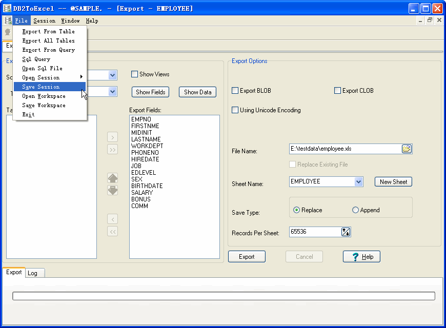 Export data from DB2 To Excel - save session button