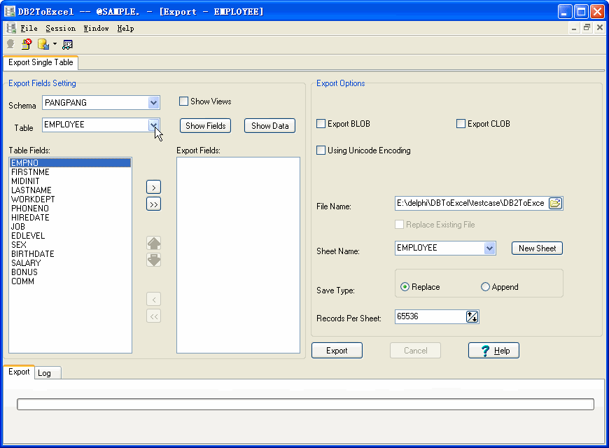 Export data from DB2 To Excel - select DB2 table to export 