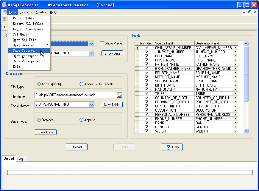 Export data from Sql Server To Access - save session button