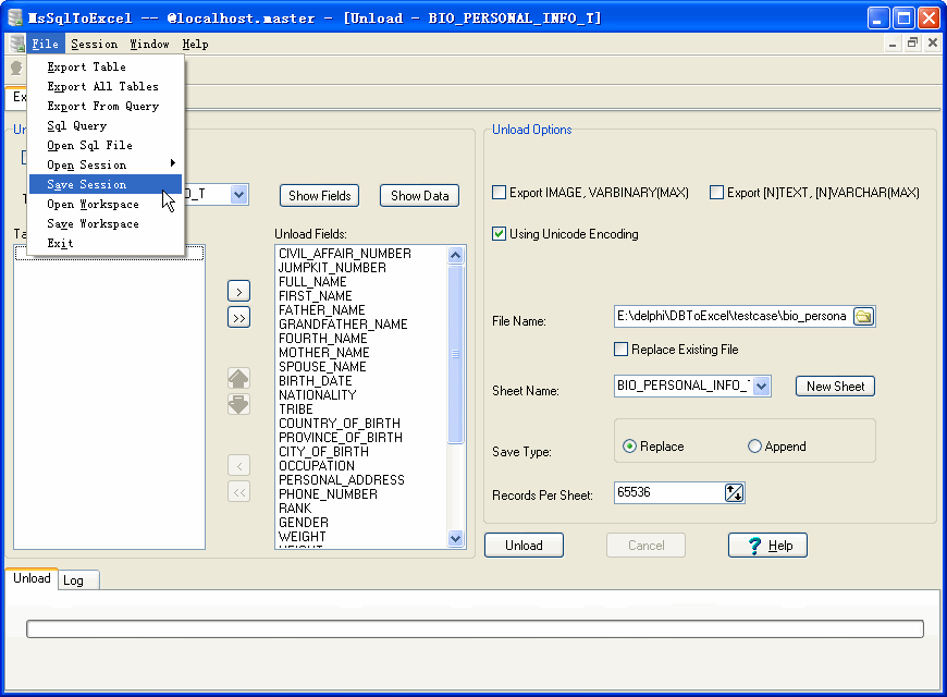 Export data from MS SQL Server To Excel - save session button