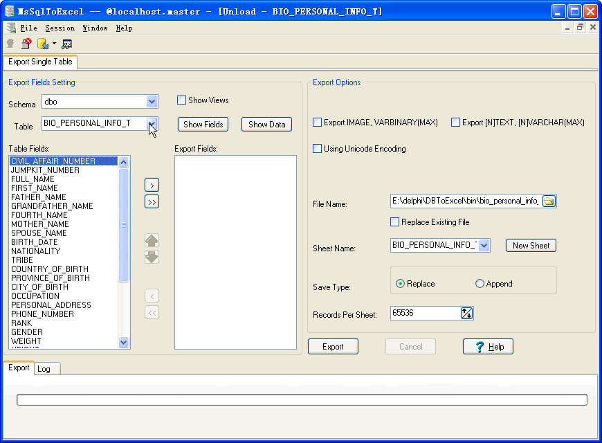 Export data from MS SQL Server To Excel - select MS SQL Server table to export 