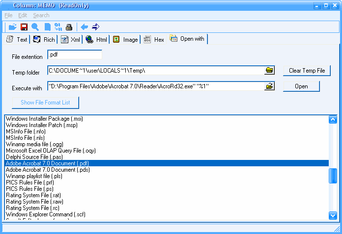 Mysql BLOB Data Editor - registered file types
