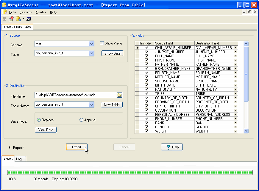Export data from Mysql To Access - export by session