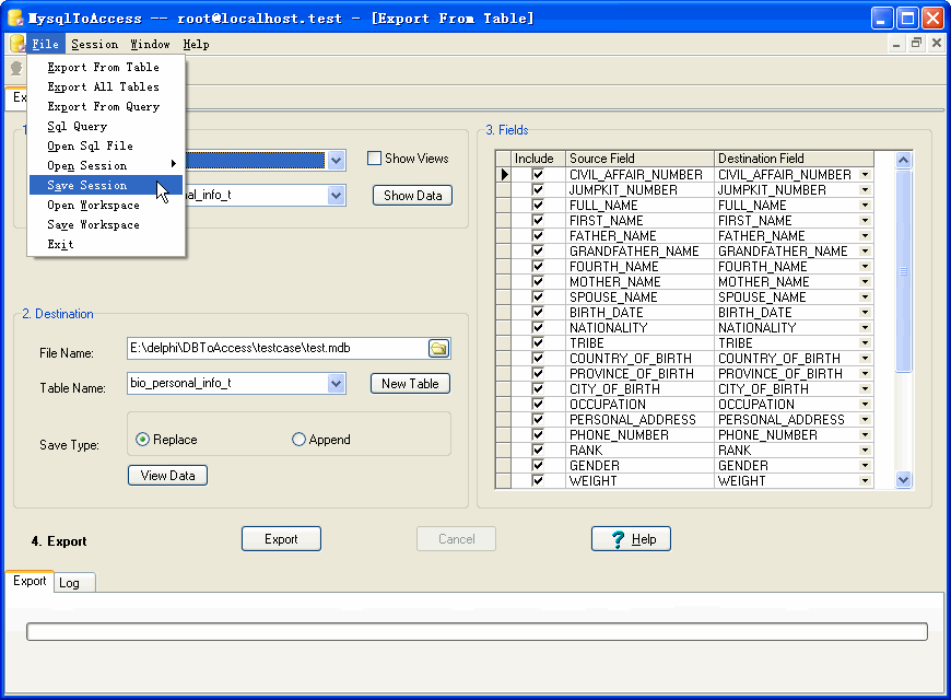 Export data from Mysql To Access - save session button