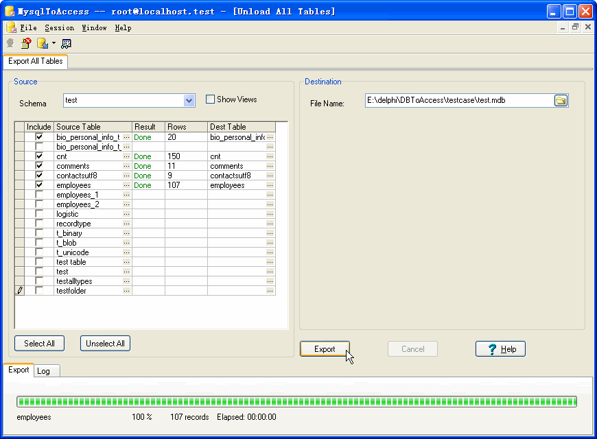 Export all tables from Mysql To Access - output