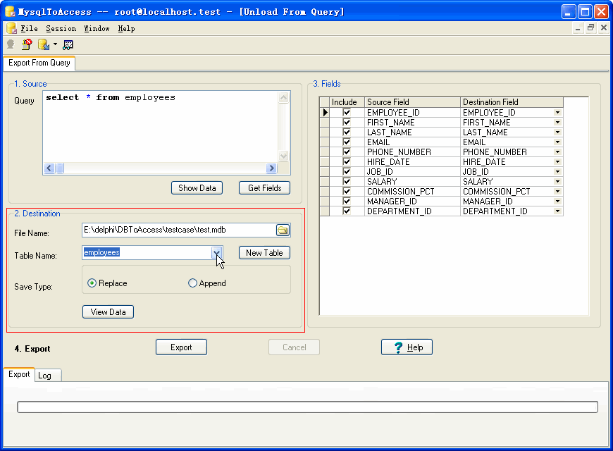 Export data from Mysql To Access - choice Access table
