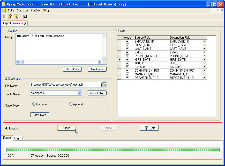 Export data from Mysql To Access - output