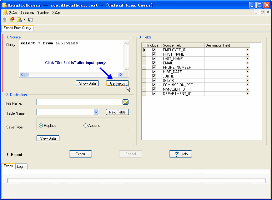 Export data from Mysql To Access - input query