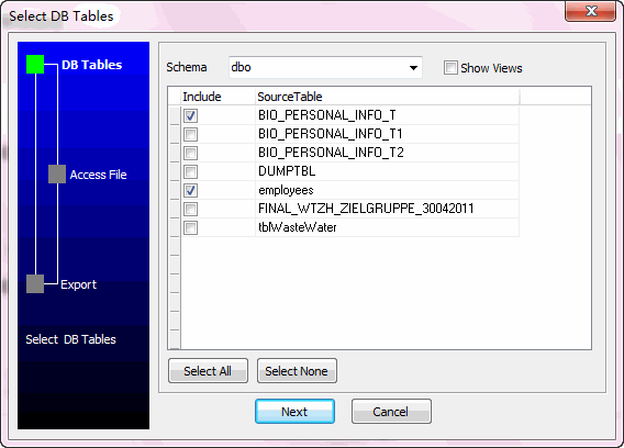 Unload Data From Mysql Schema Into Access - select tables