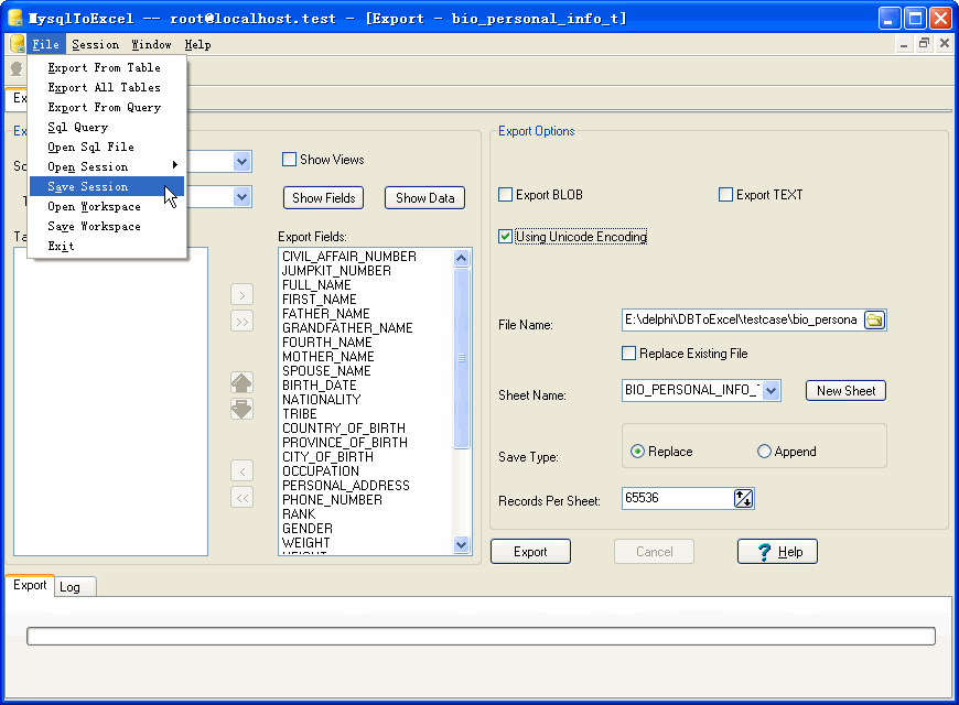 Export data from Mysql To Excel - save session button