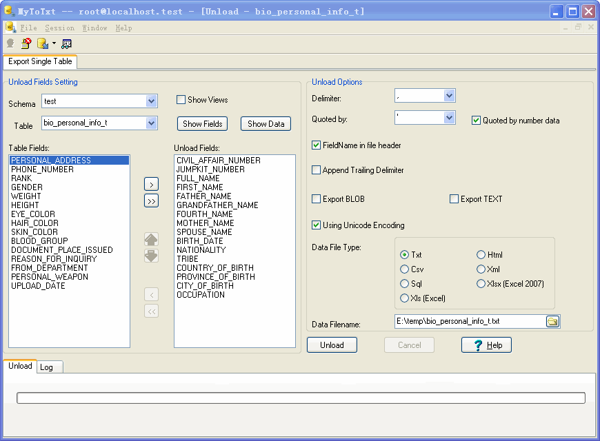 Mysql export to txt - config