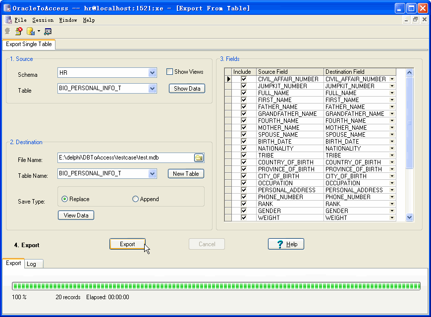 Export data from Oracle To Access - export by session