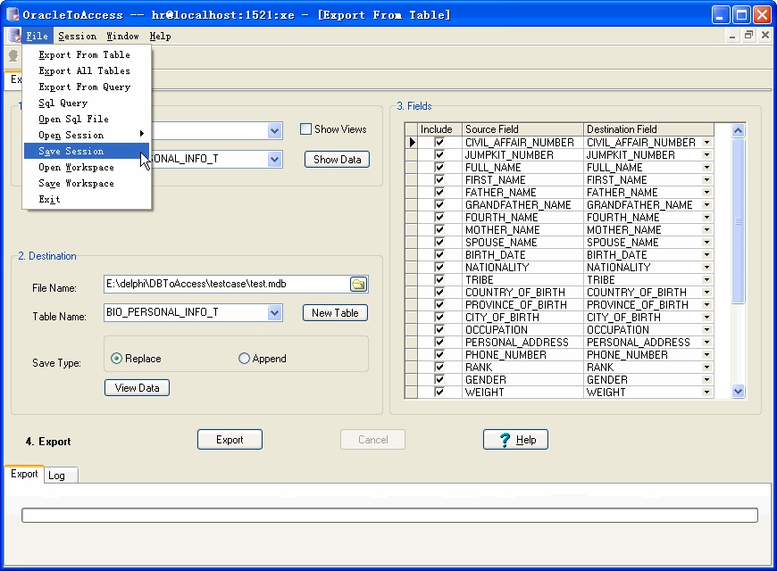 Export data from Oracle To Access - save session button