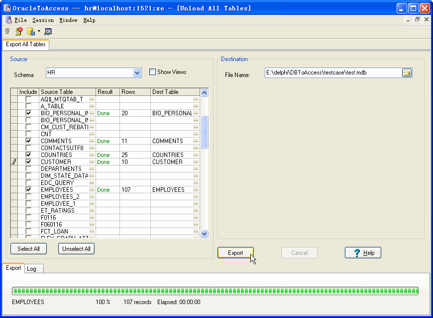 Export all tables from Oracle To Access - output