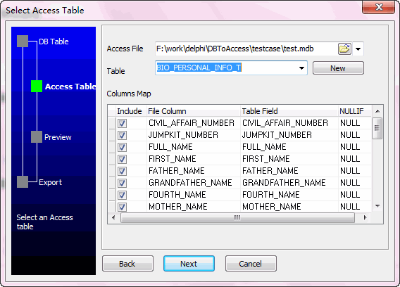 Export Oracle to Access wizard - select Access table