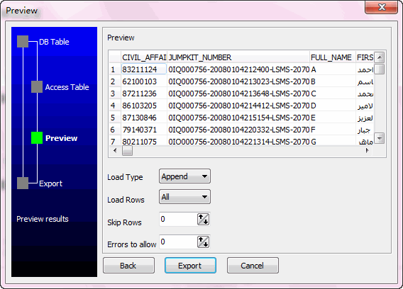 Export Oracle to Access wizard - preview