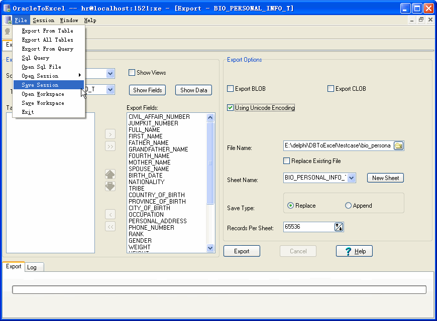 Export data from Oracle To Excel - save session button
