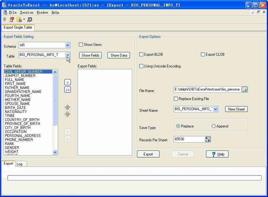Export data from Oracle To Excel - select Oracle table to export 
