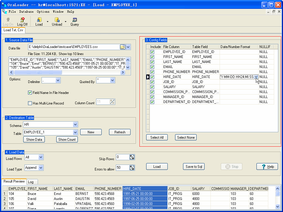 Import data from Txt (Csv) file to Oracle -  load fields
