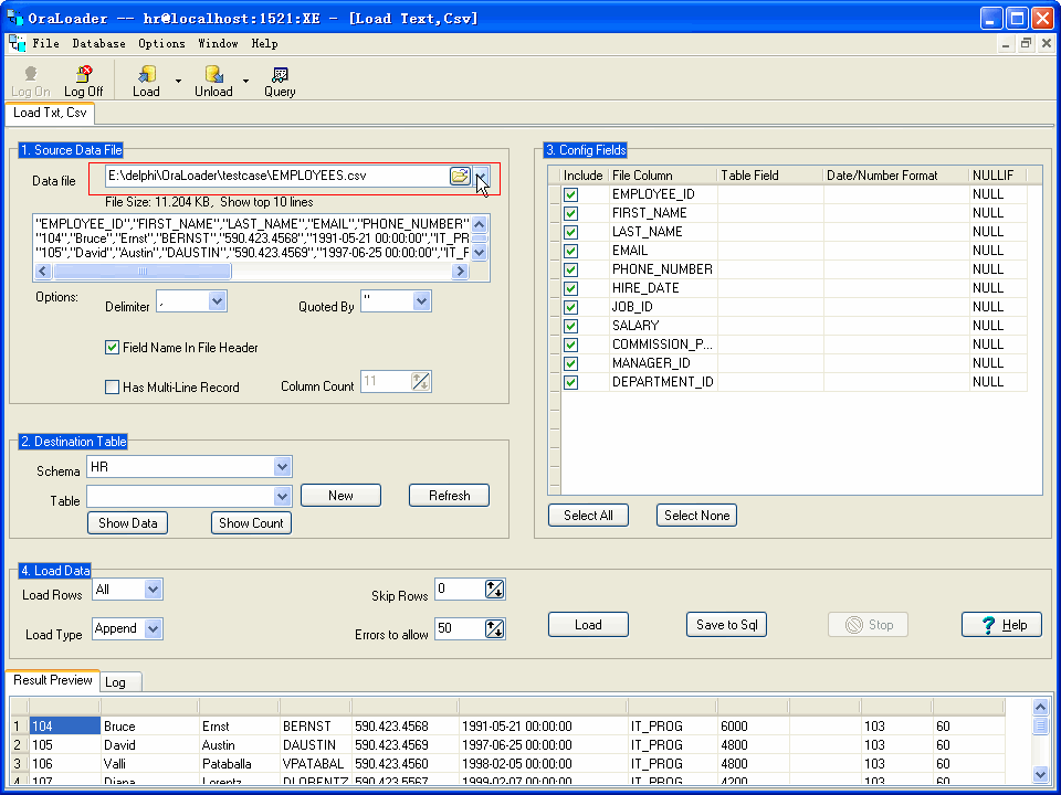 Import data from Txt (Csv) file to Oracle - load data file
