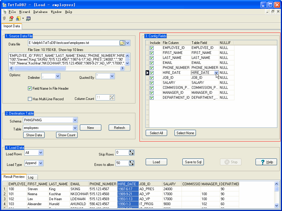Import data from Csv (Txt) to DB2 - config load fields