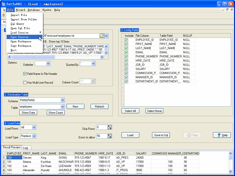 Csv (Txt) To DB2 - save session button