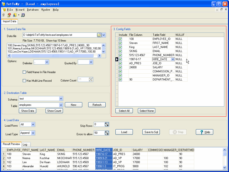 Import data from Csv (Txt) to Mysql - config load fields
